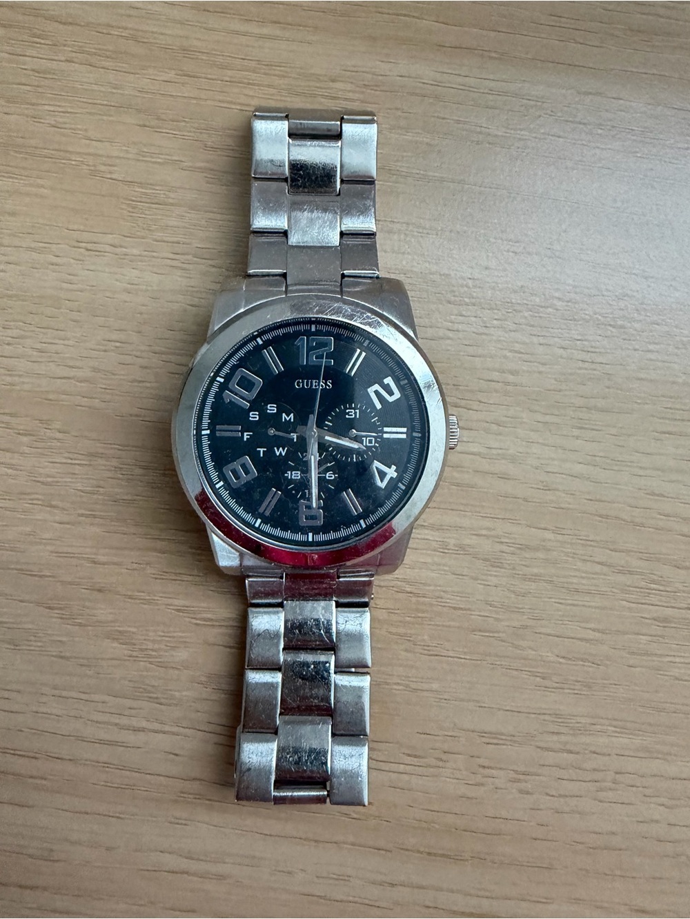 GUESS Silver-Tone Bracelet Watch with Black Face & Dial